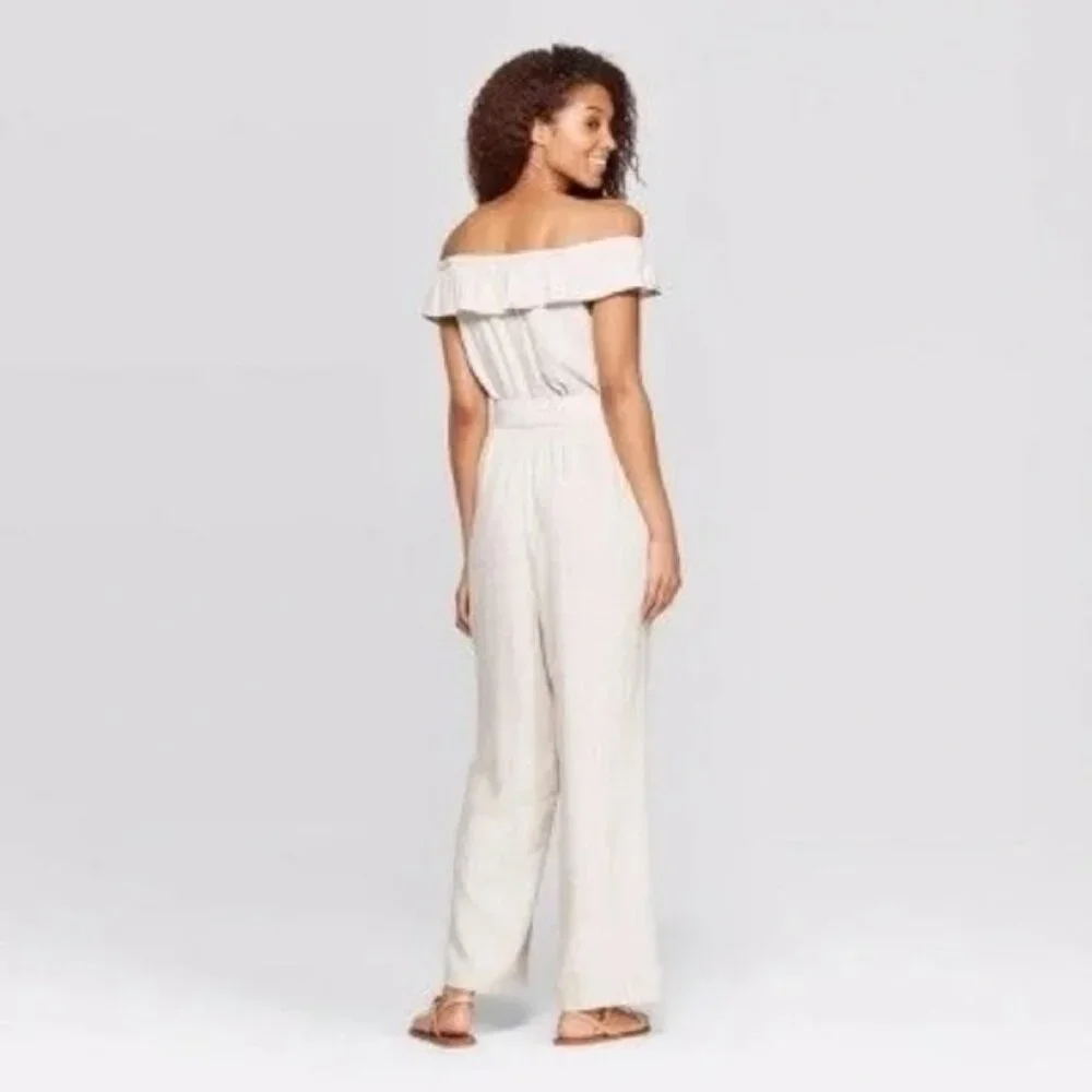 Universal Thread Stripe Linen Off Shoulder Jumpsuit in Tan/White - Size L